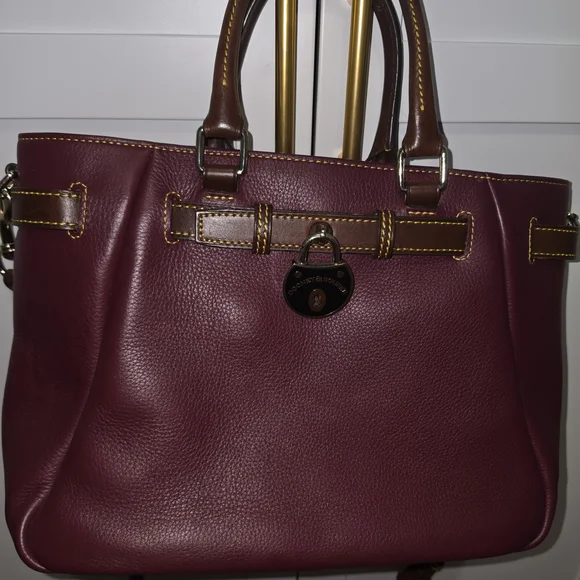 Dooney & Bourke Merlot Leather Satchel with Brown Trim and Yellow Stitching - Picture 2 of 6